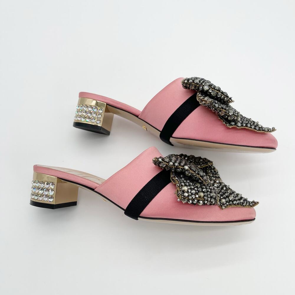 Gucci Candy Pink Silk Removable Crystal Embellished Bow Block Heel Mules EU 37 - Picture 3 of 16